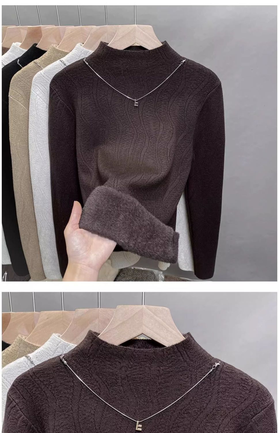 Damen-Fleece-gefütterter Strickpullover – Halbhoher Rollkragen, dickes Winter-Thermooberteil (Weiß, Schwarz, Beige, Khaki, Grau, Rot, Camel, Braun)_voghion.com