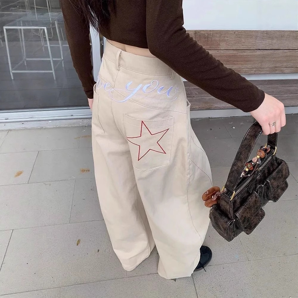 Korean Style Women's Slim Fit Wide Leg Pants Khaki Embroidered Curved Blade Jeans Casual Cotton Denim For Versatile Winter Fashion_ecoleips.com