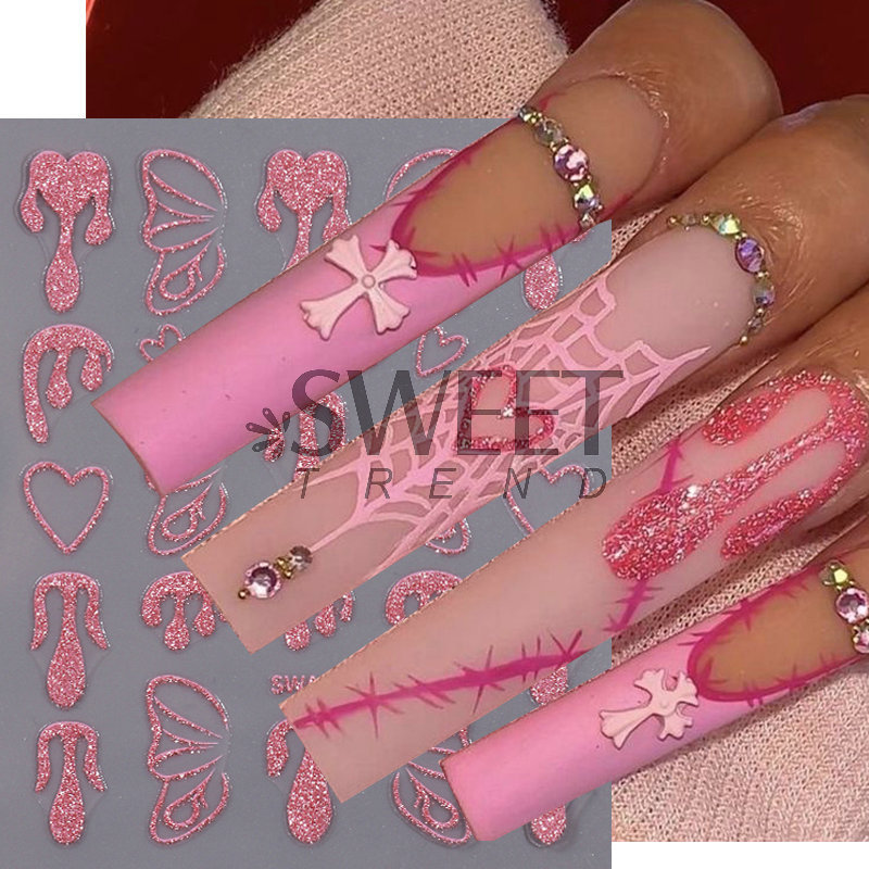 2024 cross-border Halloween nail art stickers ins fine glitter spider web blood drops 3D adhesive nail decal nail