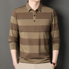 中老年男装条纹polo衫2024春秋款男士宽松休闲真口袋翻领长袖T恤