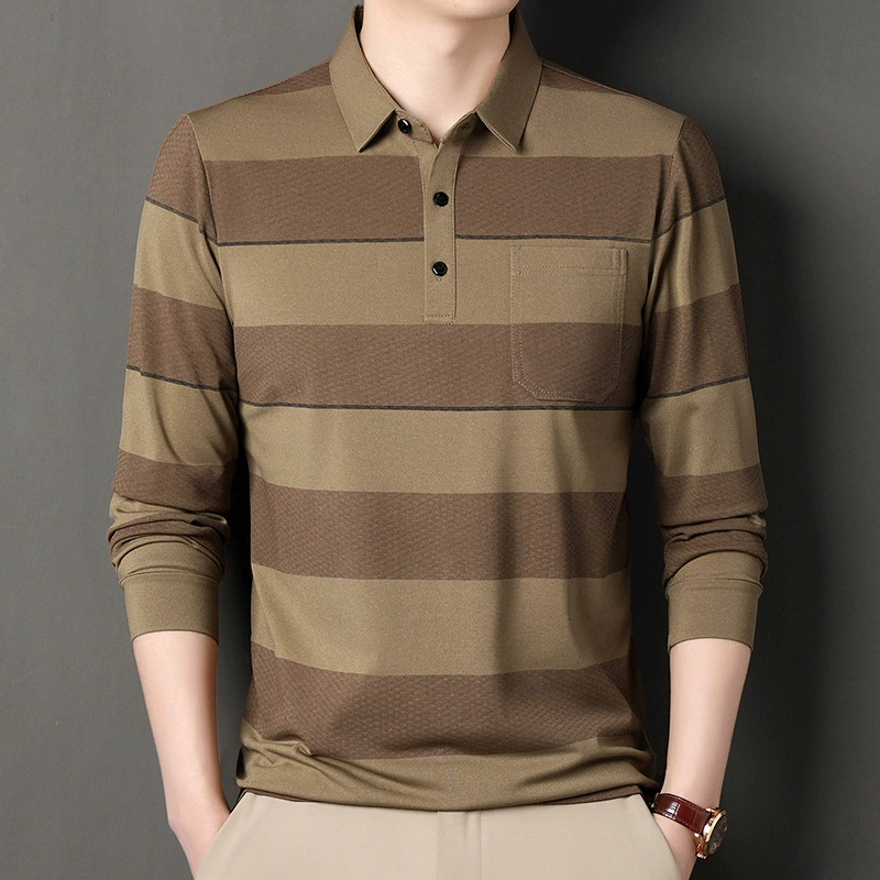 Мужчины среднего и пожилого возраста полосатые рубашки поло 2024 весна и осень мужские свободные повседневные реальные карманные футболки с длинными рукавами с отворотом
