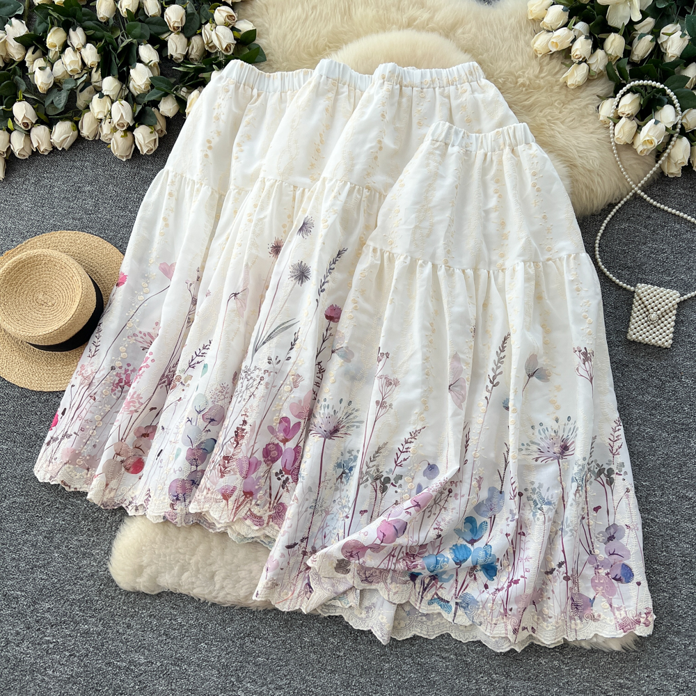 Women's French Sweet Style Floral Print Patchwork A-Line Midi Skirt High Waist Slimming mid Length Summer Fairy like Cake Skirt_ecoleips.com
