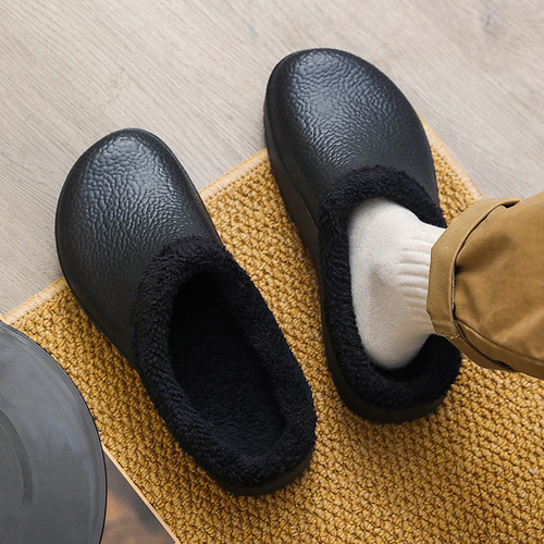 Cotton slippers, men's cashmere chef's shoes, indoor and outdoor home non-slip, waterproof, thick sole, plush warm head, large size cotton shoes
