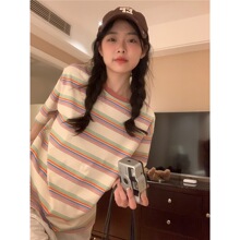 现货代发T11复古条纹圆领短袖t恤女装夏季韩版宽松潮流多巴胺气质