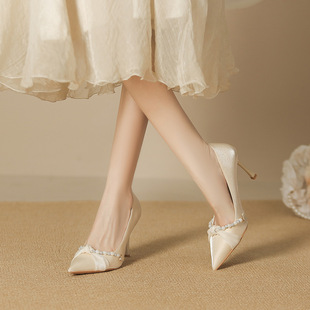 New Pointed Stiletto Heel plus size Plus Fat Widened Ribbon Pearl Women's Shoes Small Size Shallow Mouth Fairy Style
