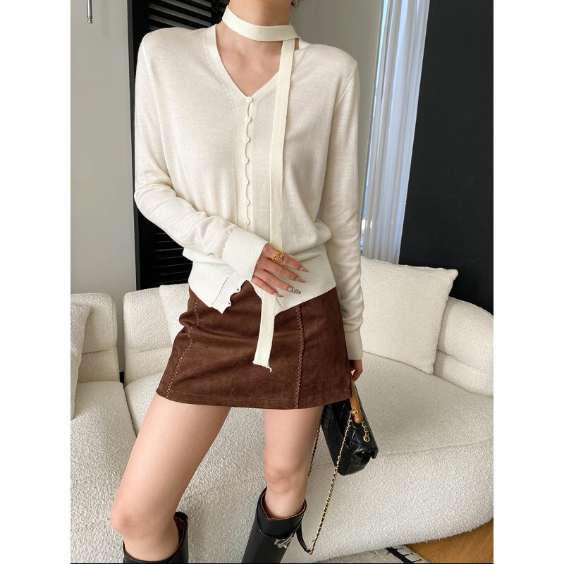 Sinan Early Spring New Style Ultra-Fine Wool Blend Atmospheric and Elegant Ribbon V-Neck Knitted Cardigan Sn8593