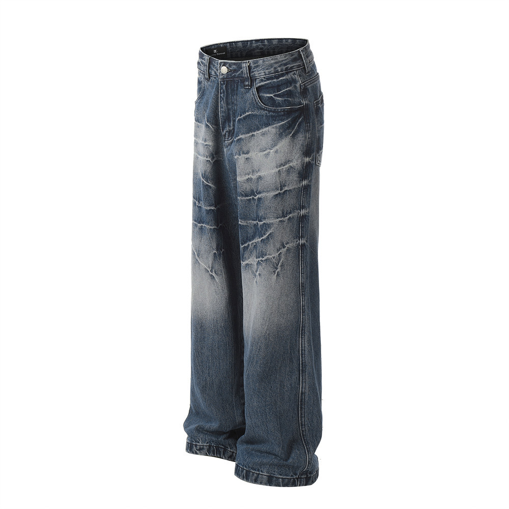 Men's Tie-Dye Gradient Jeans - High Street Vibe, Loose Fit, Wide Leg, Straight Cut, Distressed Wash, Casual Streetwear For Men (Black, Blue S-XXL)_mkmklike.com