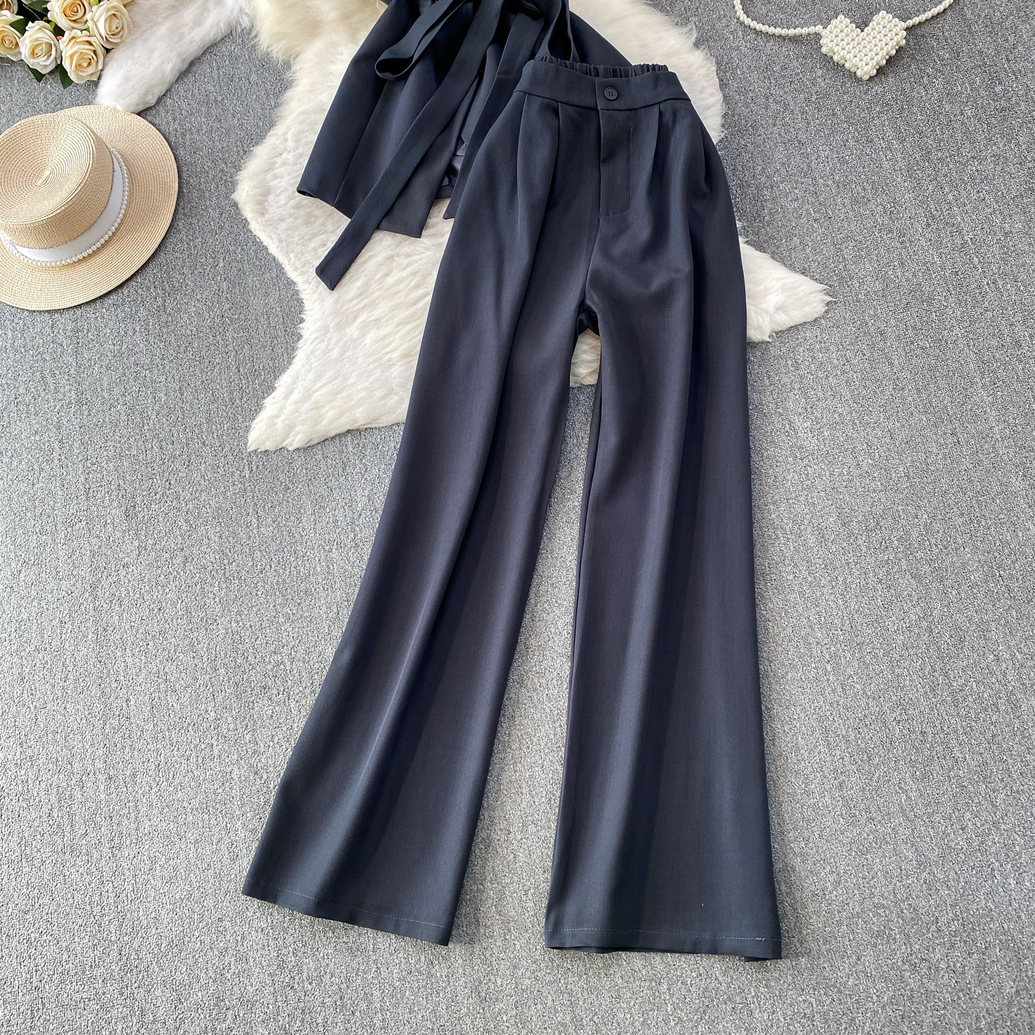 Elegant Embroidered Sequin V-Neck Waist-Defining Blazer & High-Waist Wide-Leg Trousers Two-Piece Set_ecoleips.com