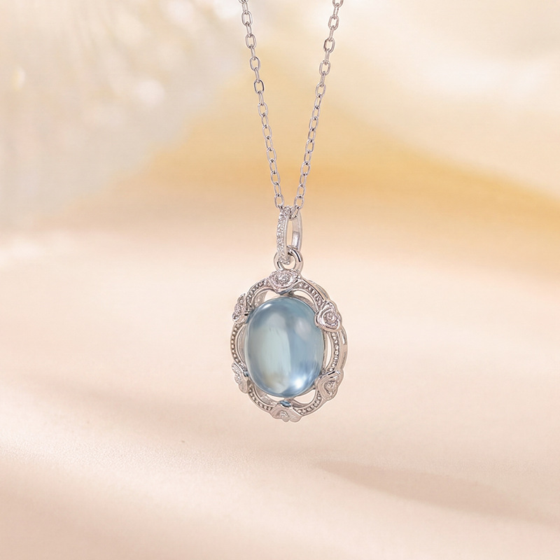 Mặt dây chuyền bạc S925 hình trứng đá Aquamarine phong cách thanh lịch, dây chuyền cổ trang sức bạc — Mặt dây chuyền đơn (không kèm dây)