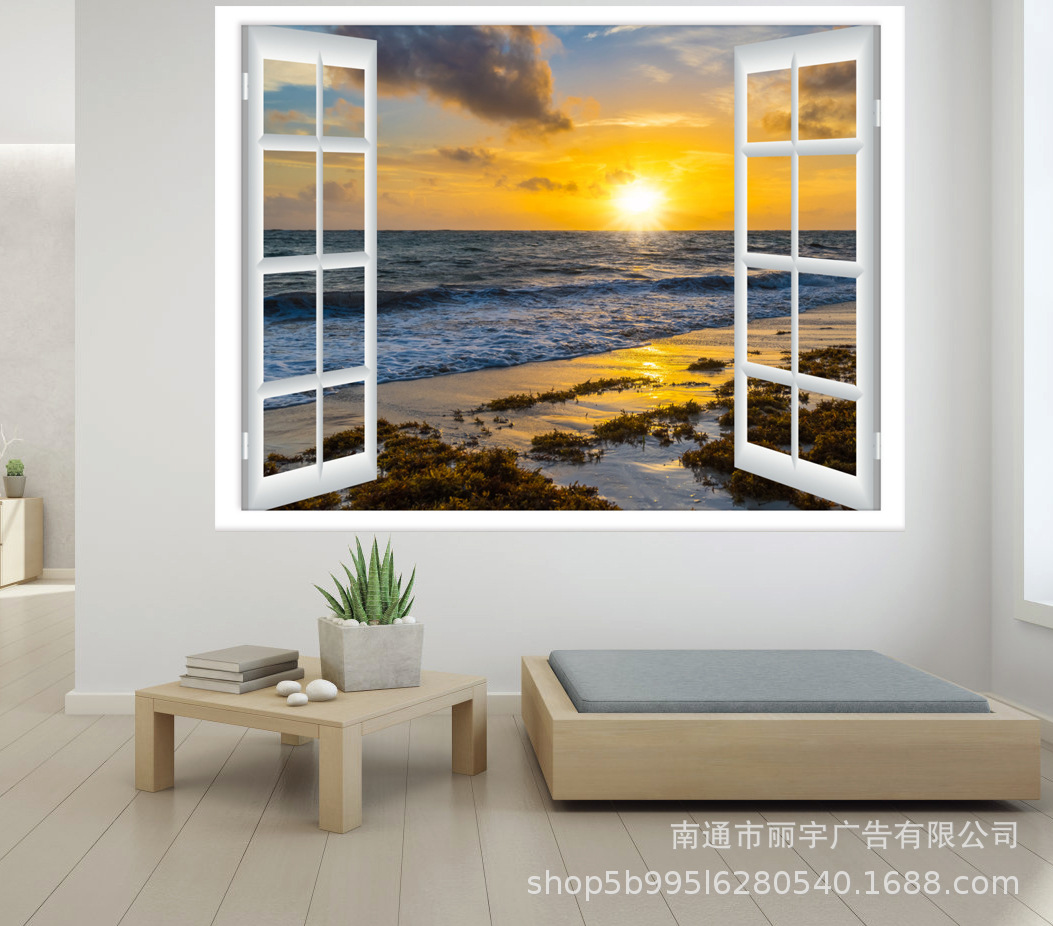 3D仿真假窗夕阳海边礁石风景画自粘墙贴客厅沙发背景墙装饰风景画
