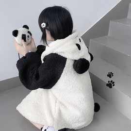 秋冬日系软妹学生韩版宽松百搭可爱熊猫羊羔加绒外套女学院风上衣