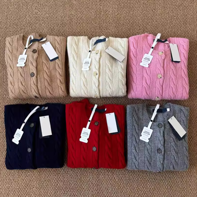 RL RAFF [울 80% 캐시미어 가디건] 포니 로고 자수 여성용 새 케이블 타이 |