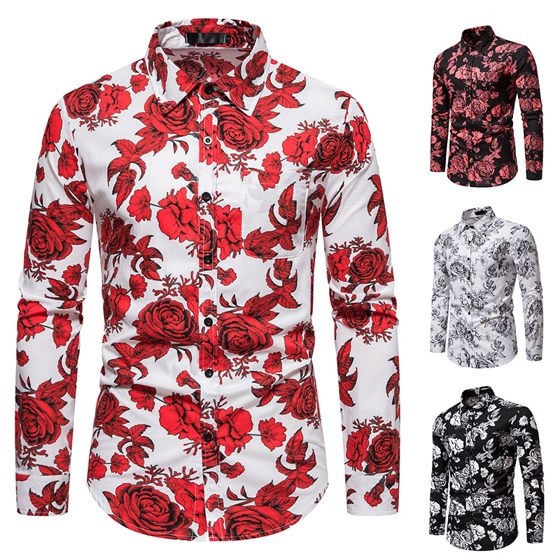 Men's rose print casual long sleeved shirt C08_voghion.com