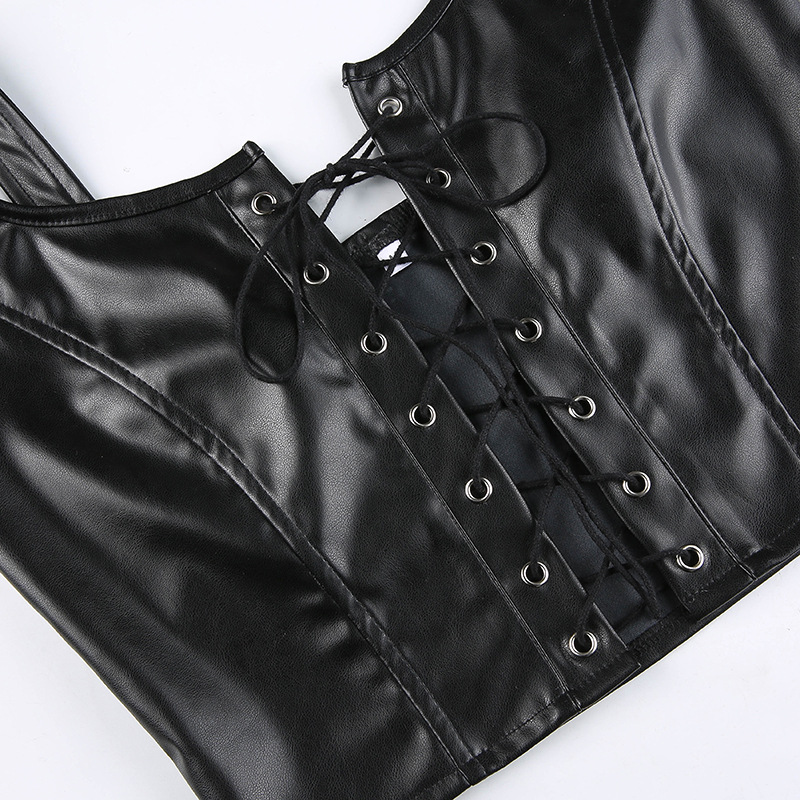 leather strapped hollow vest & skirt two-piece NSRUI51599