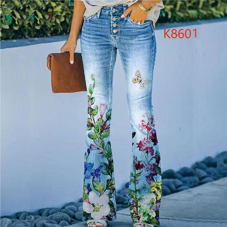 Cross-Border Foreign Trade Independent Website European and American Style Slim-Fit Flared Digital Print Faux Denim Thin Pants