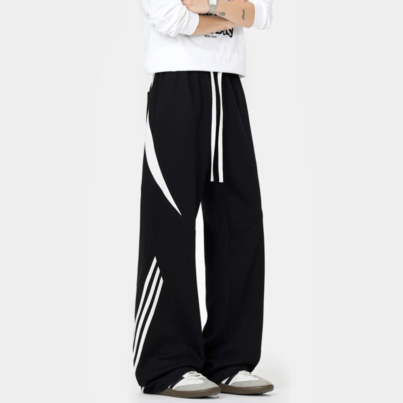 American-style color-block striped sweatpants for men, 2026 autumn collection, trendy sporty curved-leg pants, loose and casual wide-leg long pants