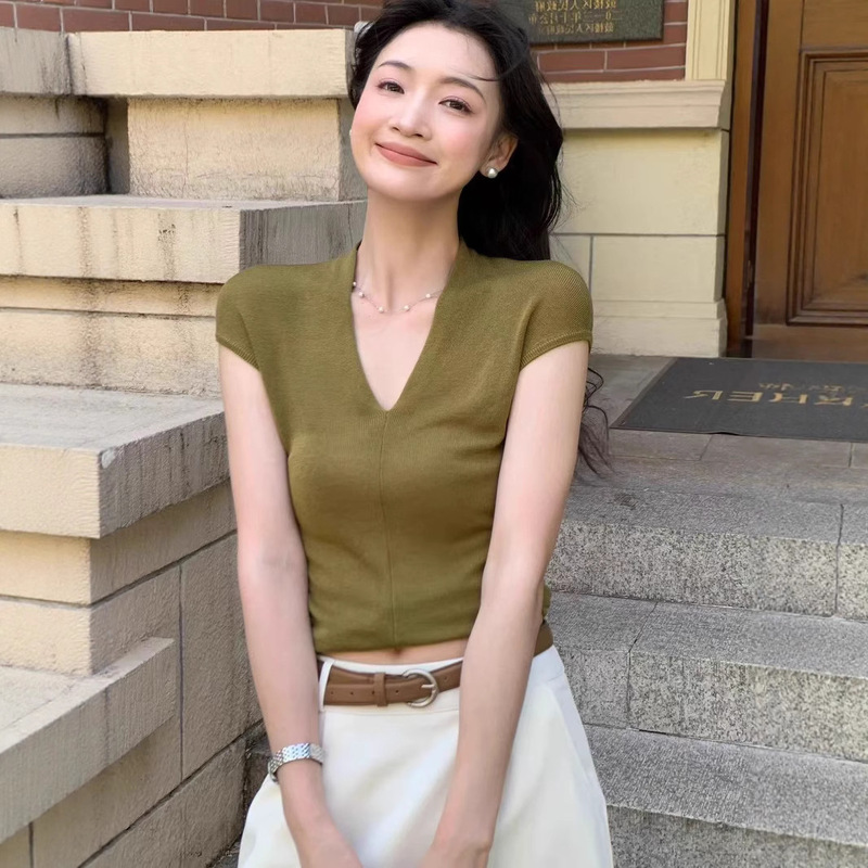复古高级感V领小飞袖针织t恤女夏季新款通勤百搭修身显瘦短袖上衣|undefined