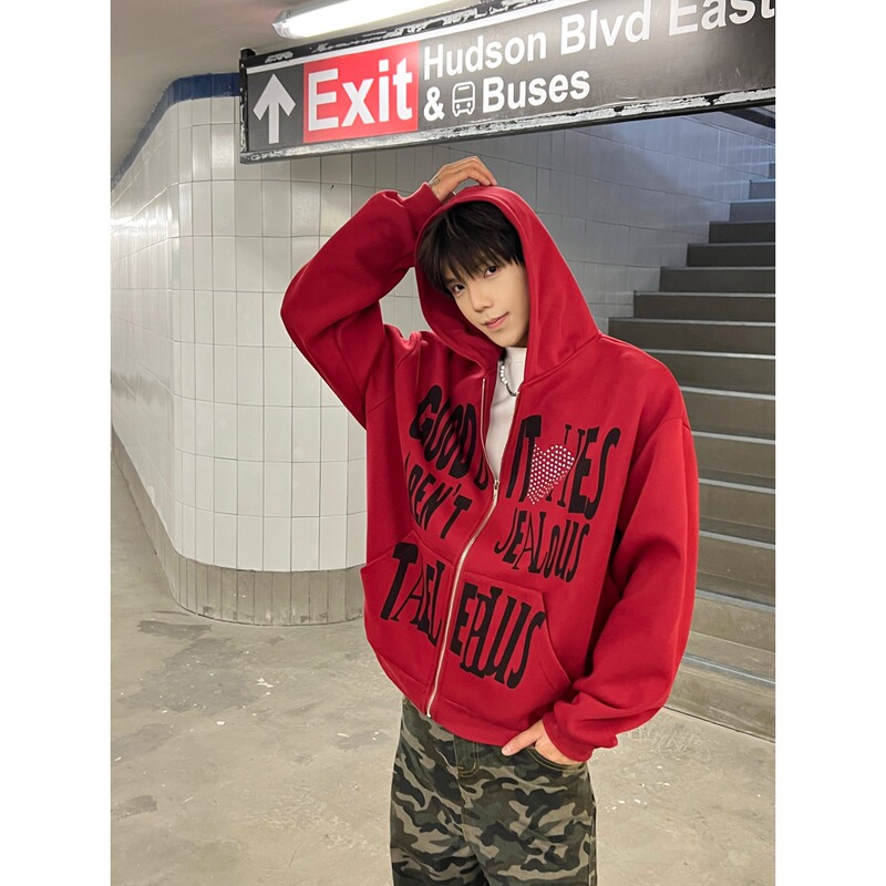 Letter Rhinestone Hooded Zip-Up Sweatshirt Spring and Autumn American Street Style Loose Casual Jacket Top Red Unisex Letter Rhinestone Hooded Zip-Up Sweatshirt Spring and Autumn American Street Style Loose Casual Jacket Top Red Unisex