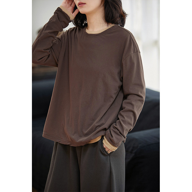 Literary Casual Women's Clothing Autumn Light Chocolate Color Round Neck Long-Sleeved Loose Versatile T-Shirt