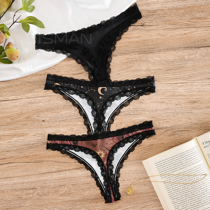 跨境万圣欧美新款女士Panties裤月亮暗黑印花低腰舒适女士丁字裤|undefined