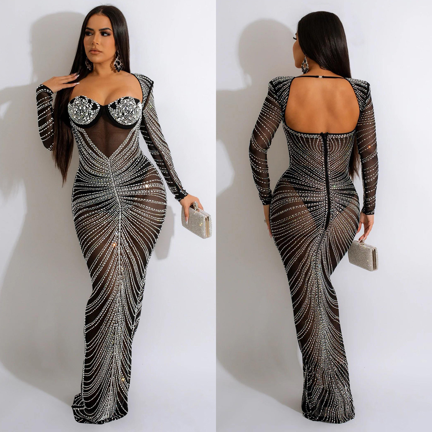 C6023 transfronteriza AliExpress Amazon ropa de mujer de moda europea y americana rhinestone Perspectiva de malla Vestido de manga larga vestido image 3