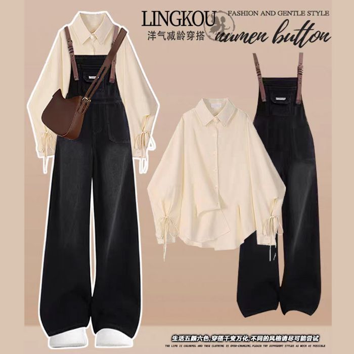 Fashion Suit # Sweet and Loose College-Style Shirt Paired with Age-Reducing Wide-Leg American Retro Denim Overalls