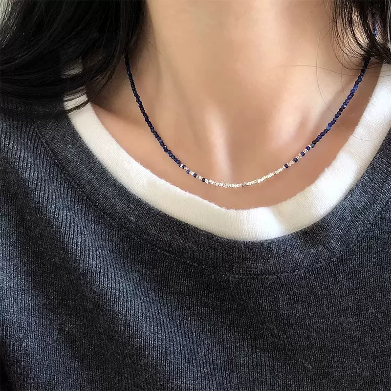 碎银子青金石项链女渐变蓝色串珠锁骨链项链配饰女夏季早春配饰