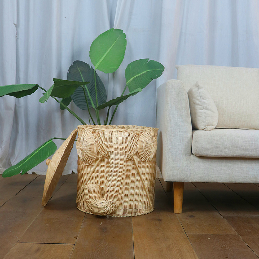 Hecho a mano de mimbre en forma de elefante cesta baño lavandería cesta de almacenamiento de juguete cesta Hotel B & B toalla cesta ropa sucia