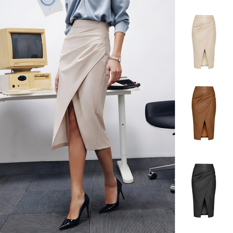Vintage Leather Skirt Long A- line Split Slim-fit High Waist Hip Skirt Women's Autumn and Winter Black Casual Slim-fit Long Skirt