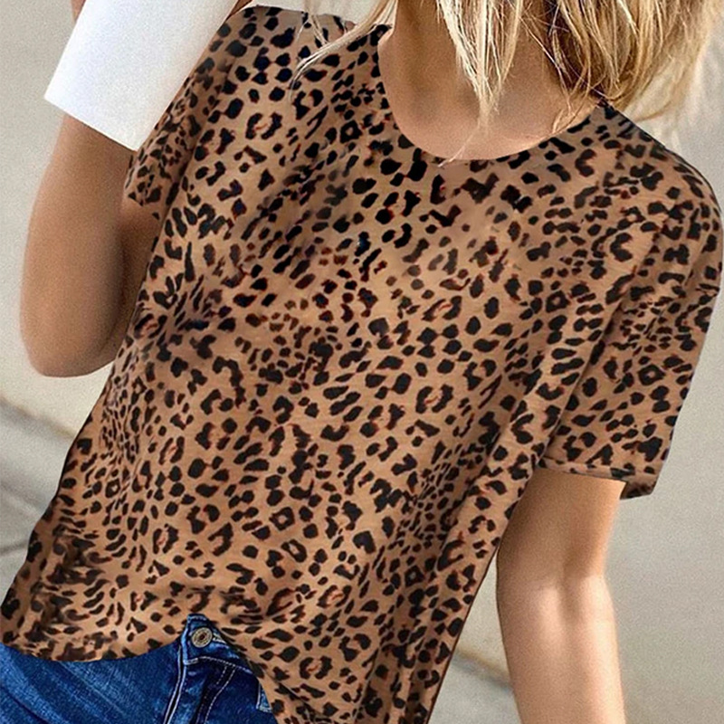 时颖亚马逊休闲上衣夏季欧美新款套头宽松豹纹短袖圆领t恤女定制