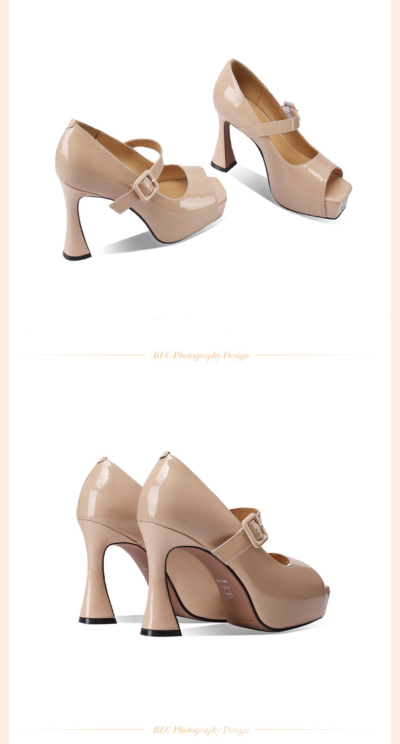 Sandal cao gót nữ hở mũi quai ngang khóa, gót vuông 9 cm, đế platform — đen chi tiết 5