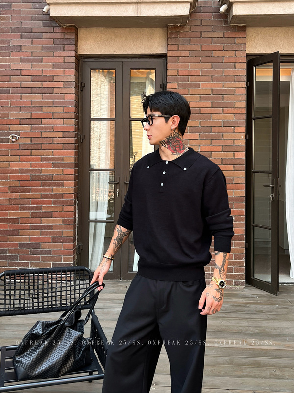 OXFREAK「老钱风 五粒扣」纯色针织长袖polo衫男韩系内搭翻领t恤|undefined