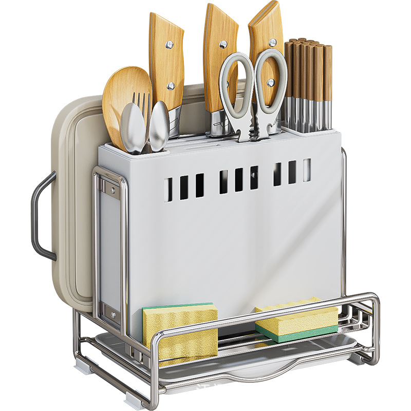 Soporte de cuchillo, soporte de palillos, soporte de almacenamiento de cuchillo y tenedor, estante de cocina de acero inoxidable, encimera de gabinete multifuncional, tapa de olla, estante de drenaje