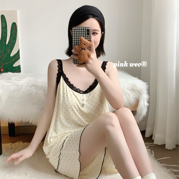 Pinkweo Women's Summer Thin Polka Dot Lace Trim Tank Top and Shorts Loungewear Set, Suitable for Wearing Outside Pinkweo Women's Summer Thin Polka Dot Lace Trim Tank Top and Shorts Loungewear Set, Suitable for Wearing Outside