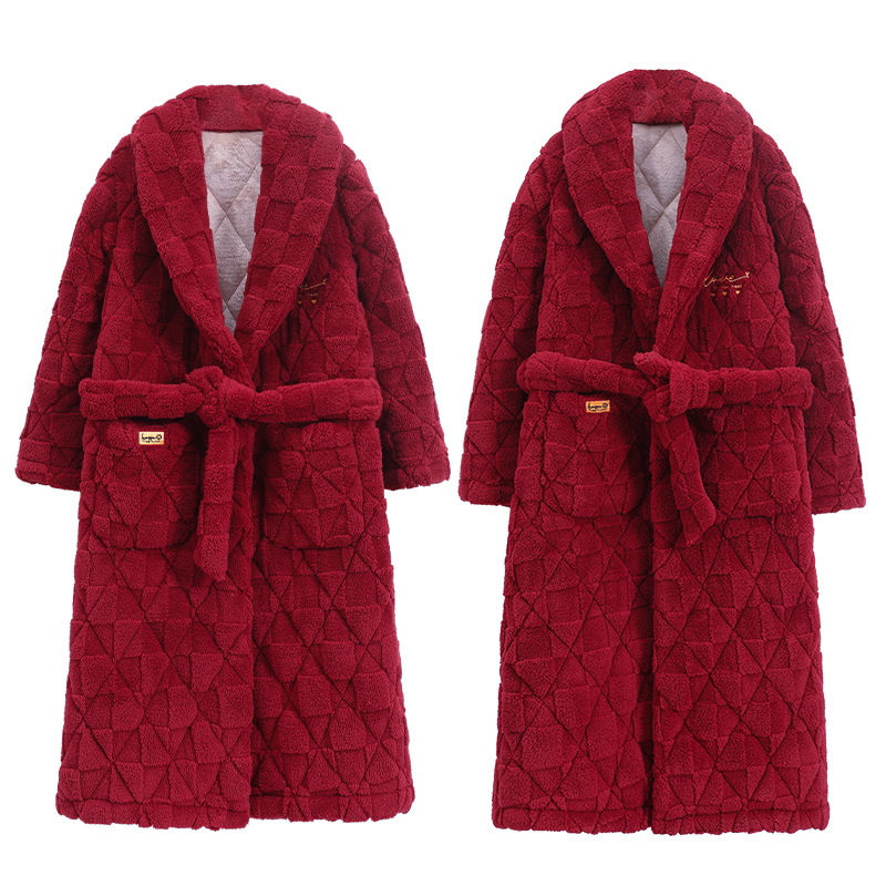 Camisón de pareja de invierno coral de lana de tres capas acolchado forrado de lana engrosada rojo hombres y mujeres boda pareja pijamas Otoño e Invierno