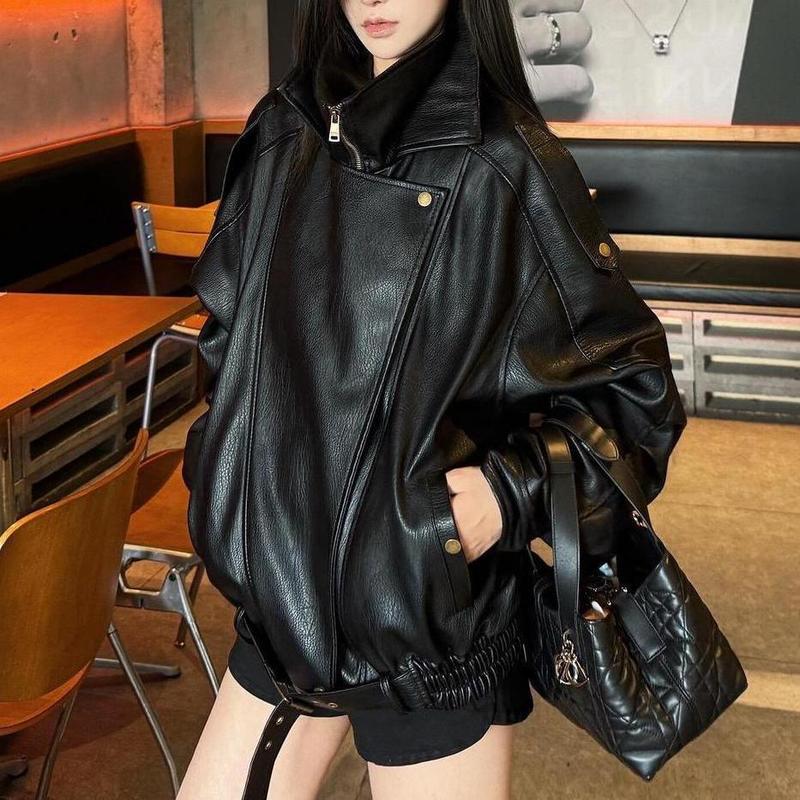时尚美式皮衣外套女2025秋季新款宽松百搭设计感机车皮夹克潮|undefined