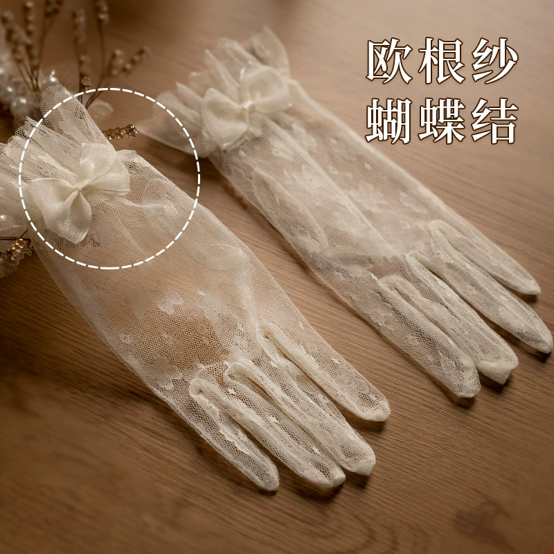 Wedding dress for bride, retro lace short gloves with bow from pearl, high-quality style