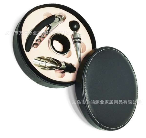 Black-A3 라운드 가죽 상자 와인 병 오프너 세트