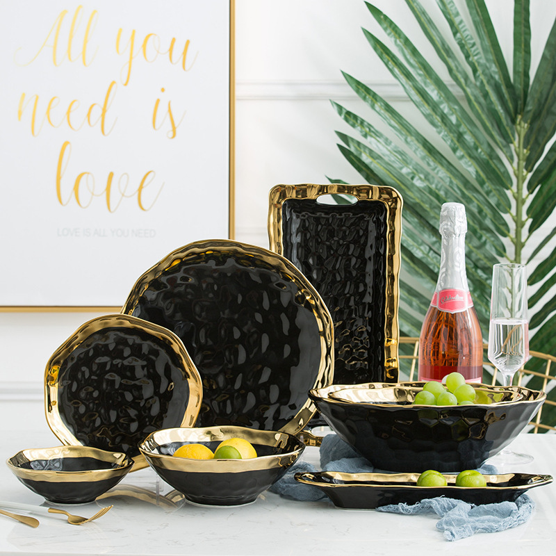 Nordic ceramic tableware suit household golden edge rice bowl soup bowl noodle bowl plate light luxury high-looking combination retro Nordic ceramic tableware suit household golden edge rice bowl soup bowl noodle bowl plate light luxury high-looking combination retro