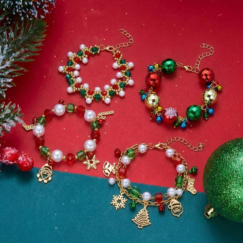 Christmas atmosphere beaded bracelet with red and green crystals, pearls, snowflakes, Christmas tree, and bell pendants for women Christmas atmosphere beaded bracelet with red and green crystals, pearls, snowflakes, Christmas tree, and bell pendants for women