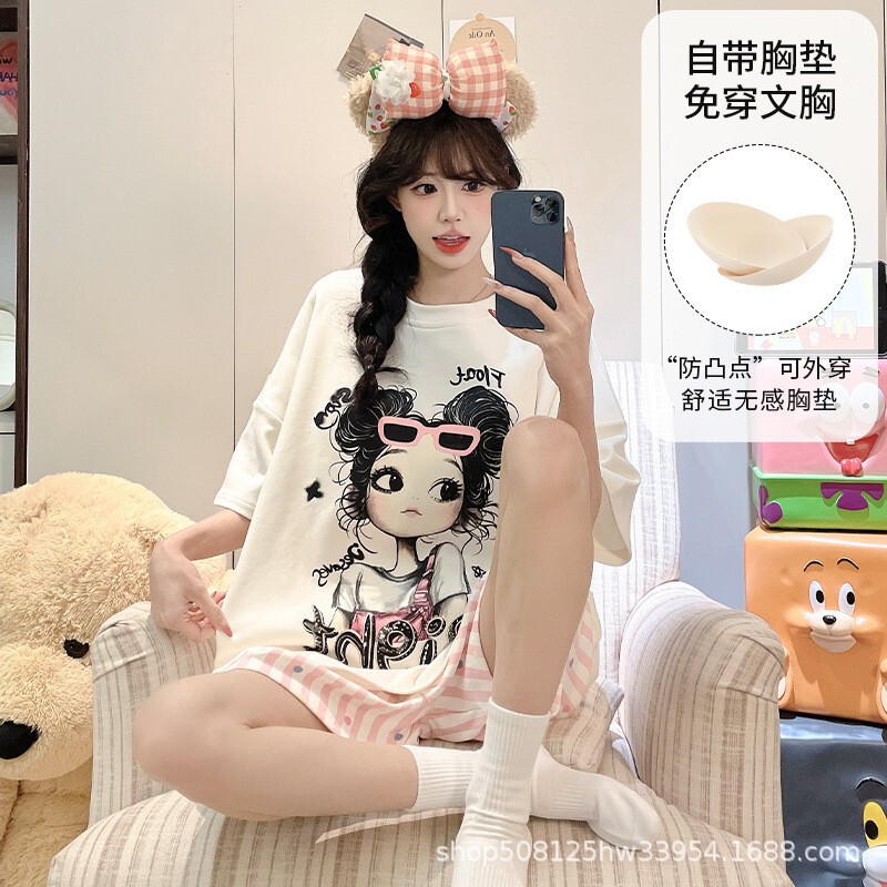 2026 New Cute Short-Sleeved Women's Pajamas for Summer with Built-In Chest Pads and Cartoon Home Wear Set 2026 New Cute Short-Sleeved Women's Pajamas for Summer with Built-In Chest Pads and Cartoon Home Wear Set