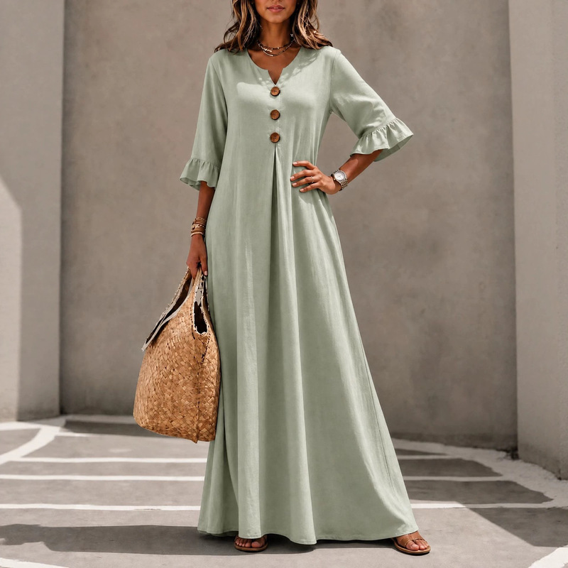 2026 European and American Cross-Border Women's Fashion Solid Color Dress with Pockets, V-Neck, Wooden Buttons, Ruffled Sleeves, Loose Fit, Large Hem, Vacation Long Dress