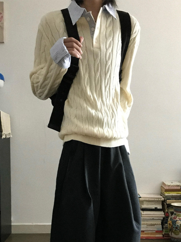 绞花假两件拼接条纹亨利领毛衣男款秋季慵懒高级感cleanfit针织衫|undefined