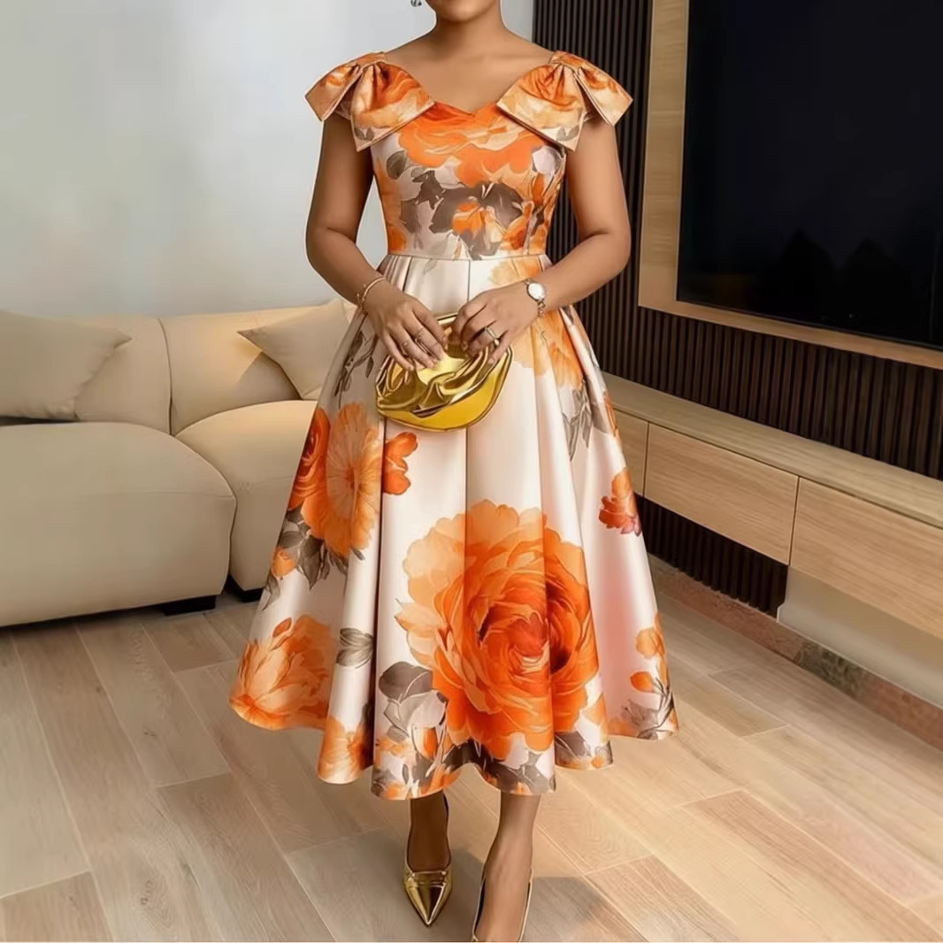 2026 New French-Style Orange Flower Print Dress with Ruffled Neckline Design, Elegant Holiday Style, Slimming and Waist-Cinching