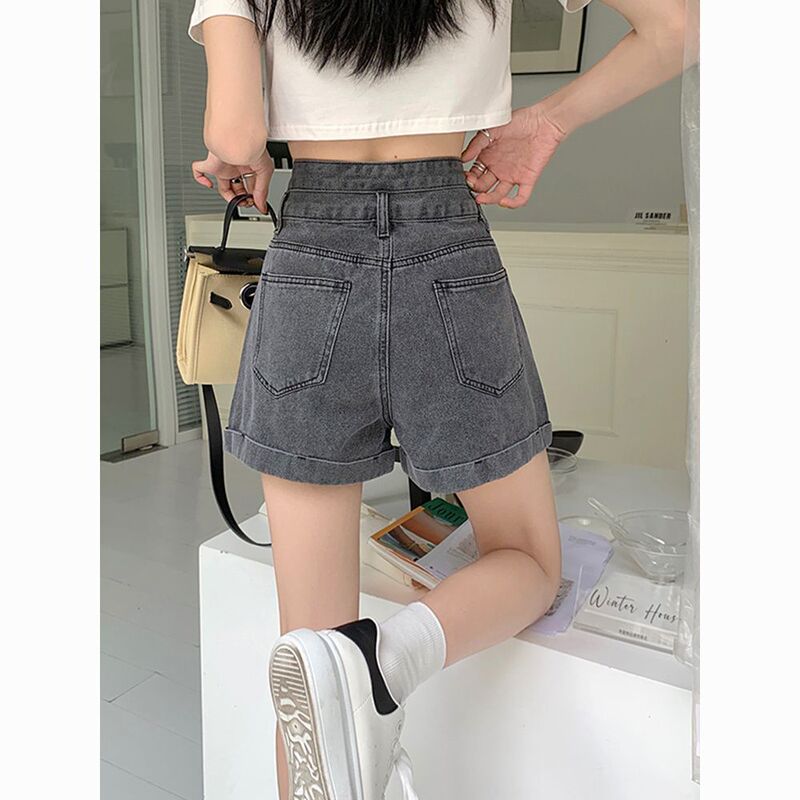 High-Waisted Rolled Hem Denim Shorts for Women, Summer 2026 New Style, Plus Size, Loose Fit, Slimming Wide-Leg A-Line Design Hot Pants