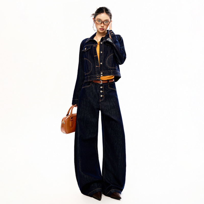 Retro Denim Blue Denim Suit for Women, Autum Casual and Versatile Short Jacket, Wide-Leg Scimitar Pants Two-Piece Set