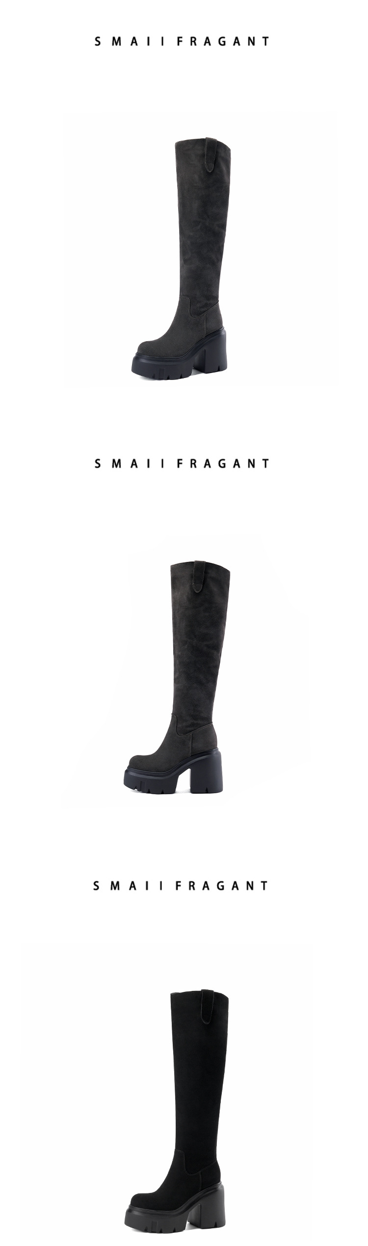 Boot nữ cổ cao ôm bắp chân chất liệu da lộn, gót 12 cm, phong cách kỵ sĩ — Lót nhung đen chi tiết 7