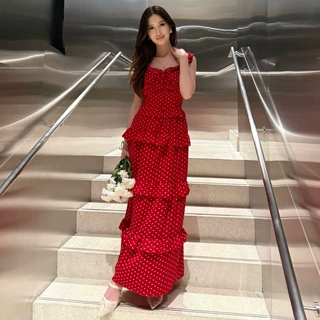 跨境女装2026春夏季波点吊带高腰显瘦蛋糕裙连衣裙复古荷叶边长裙