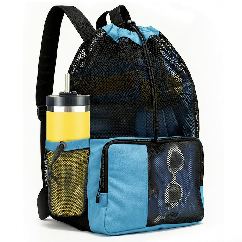 New cross-border mesh drawstring backpack, large-capacity travel beach bag, gym and beach travel pocket beach bag