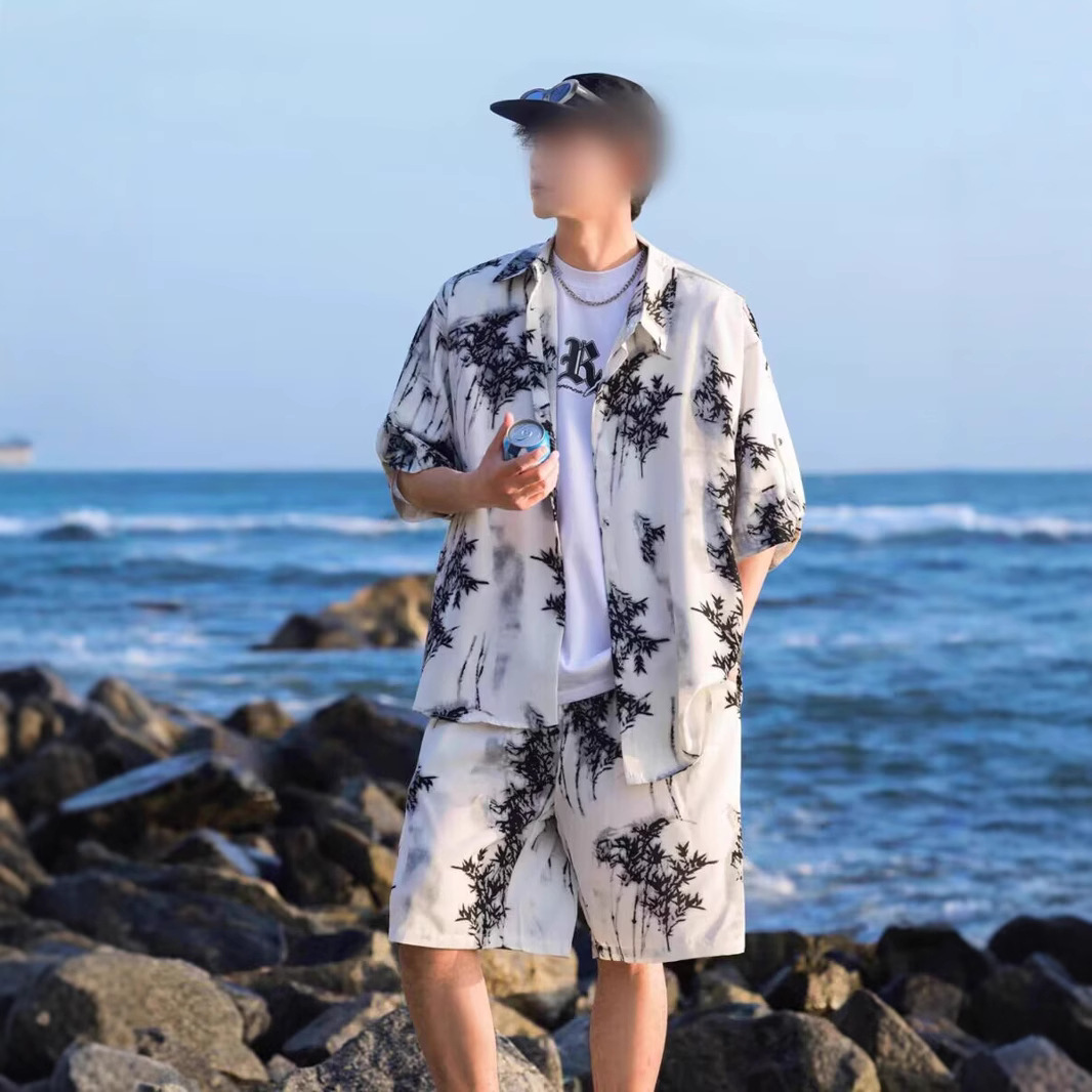 비치 셔츠 남자 반팔 아이스 실크 해변 휴가 남자 싼야 여행복 소년 하와이 커플 세트